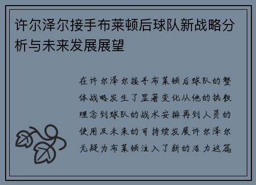 许尔泽尔接手布莱顿后球队新战略分析与未来发展展望